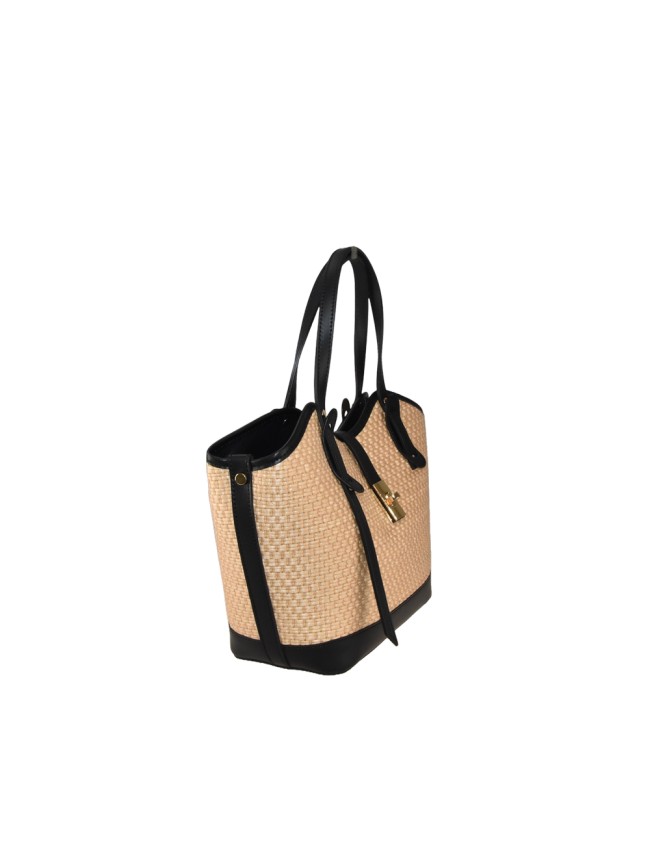 Borsa a mano in pelle e raffia con...