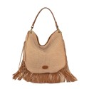 Borsa a spalla in pelle e raffia con frange - FG35838