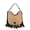 Leather & rafia bag with leather fringes - FG35838