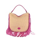 Borsa a spalla in pelle e raffia con frange - FG35838