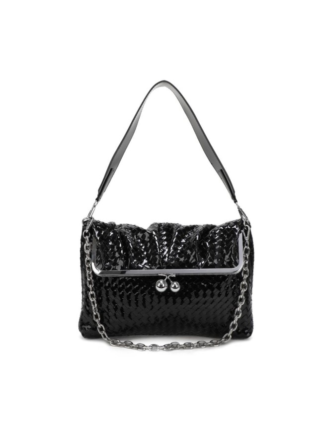 Borsa donna da spalla in similpelle intrecciato lucido con tracolla - PF929