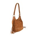 Borsa a spalla in pelle camoscio con frange e tracolla regolabile - SG35838