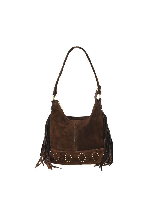 Borsa a spalla in pelle camoscio con frange e tracolla regolabile - SG35838