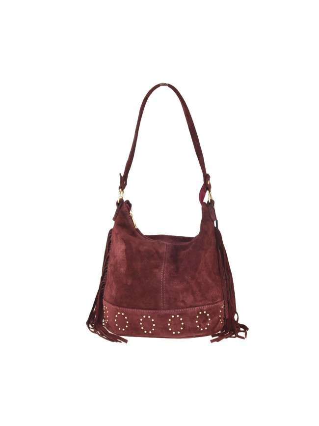 Borsa a spalla in pelle camoscio con frange e tracolla regolabile - SG35838