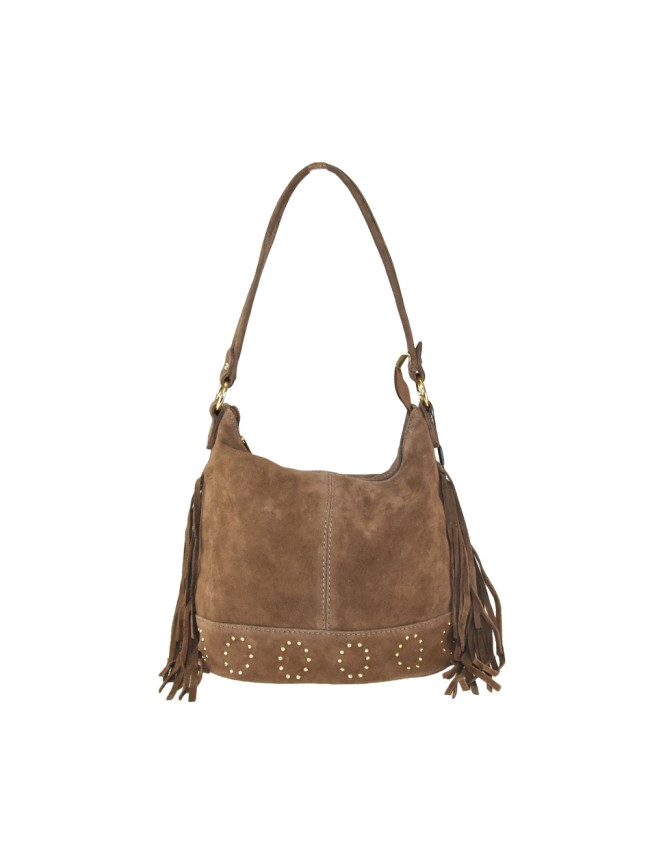 Borsa a spalla in pelle camoscio con frange e tracolla regolabile - SG35838