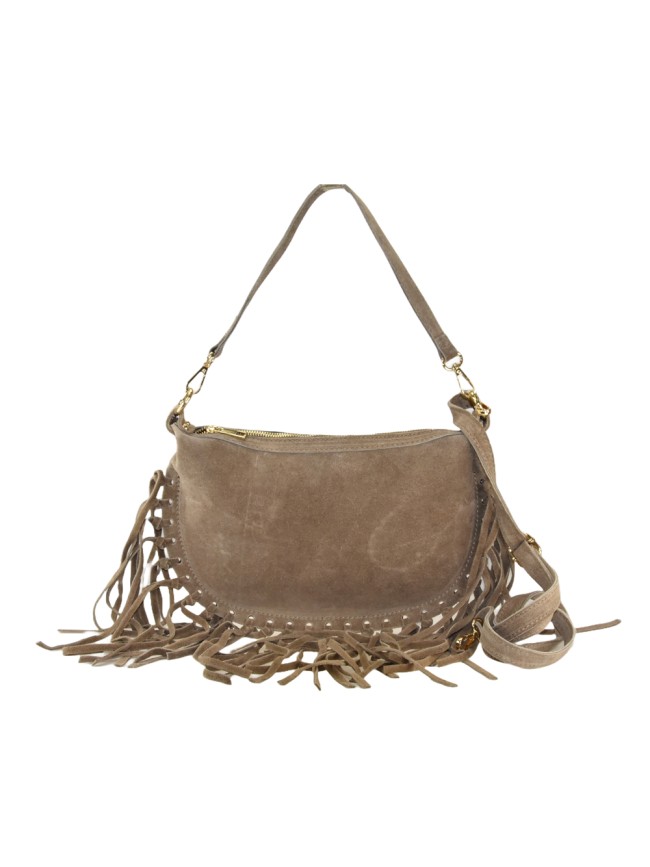Borsa a spalla e tracolla donna in pelle camoscio con frange - FG29832