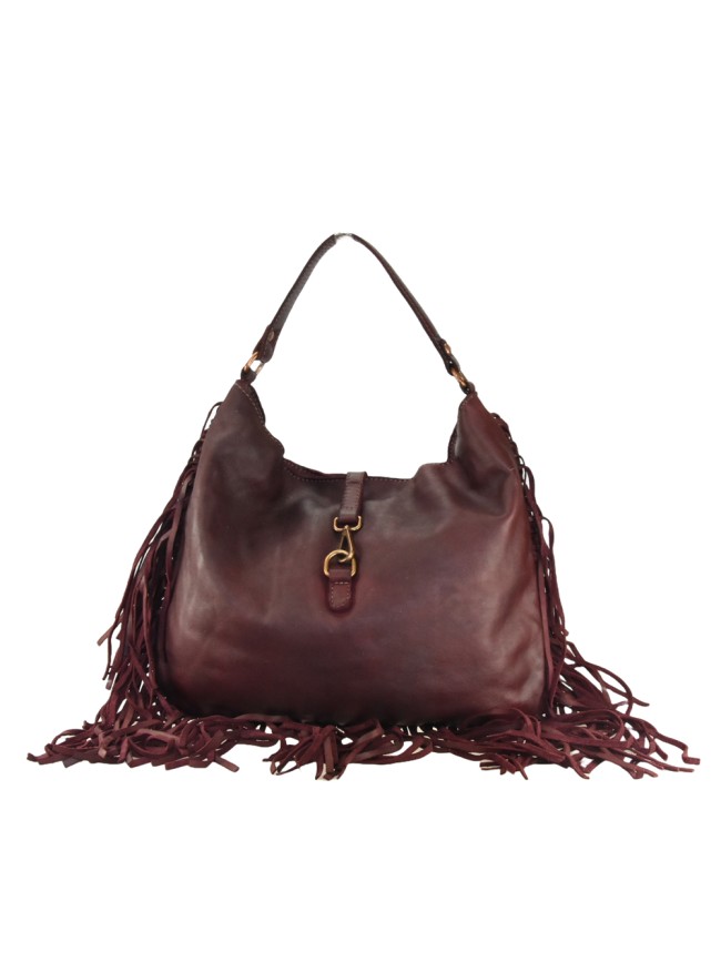 Woman vintage leather with fringes shoulder bag - YR55861