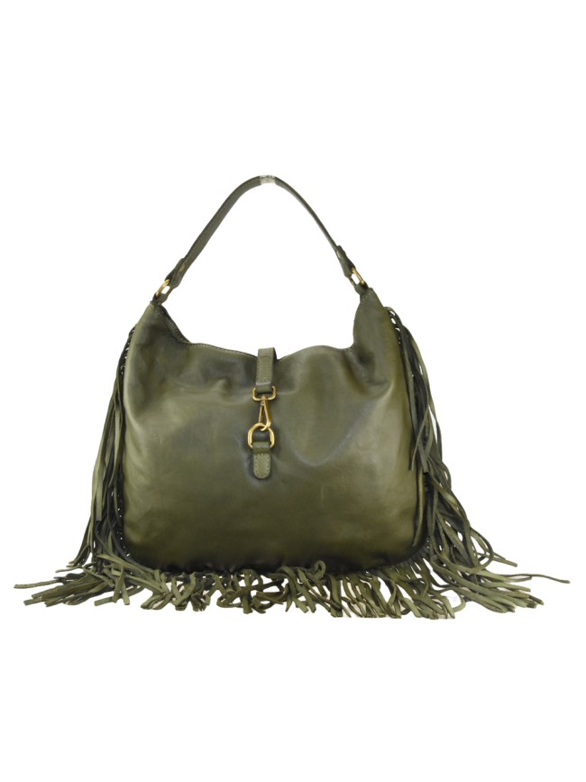 Woman vintage leather with fringes shoulder bag - YR55861