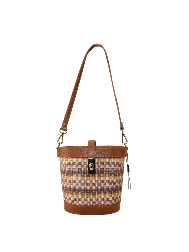 Borsa a secchiello in pelle e raffia...