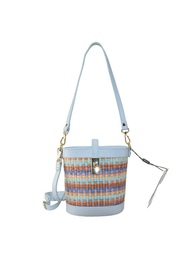 Borsa a secchiello in pelle e raffia...