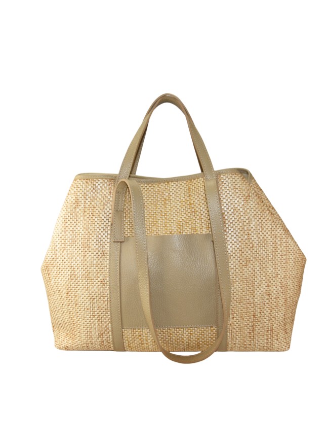 Borsa a mano in pelle e raffia con...