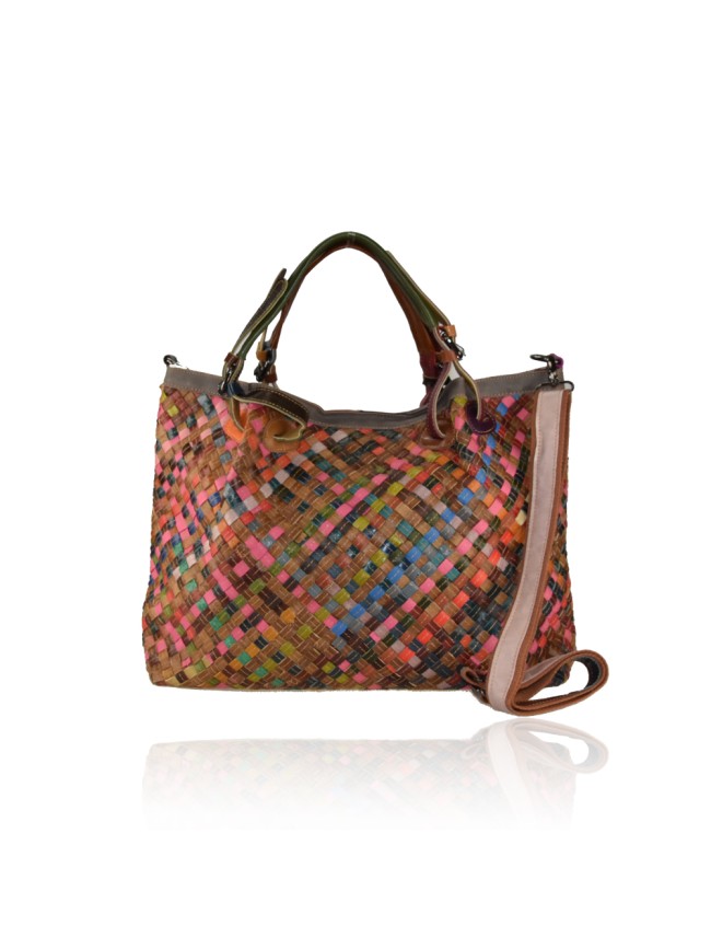 Woven leather bag with patchwork - 1282